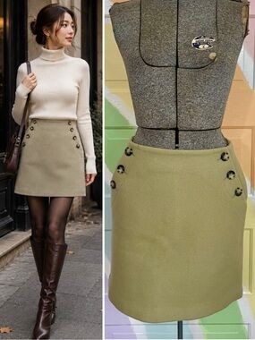 SLOBE IENA Tailored Wool Skirt Khaki Button Detail Japanese Designer 40/8 💛🎀